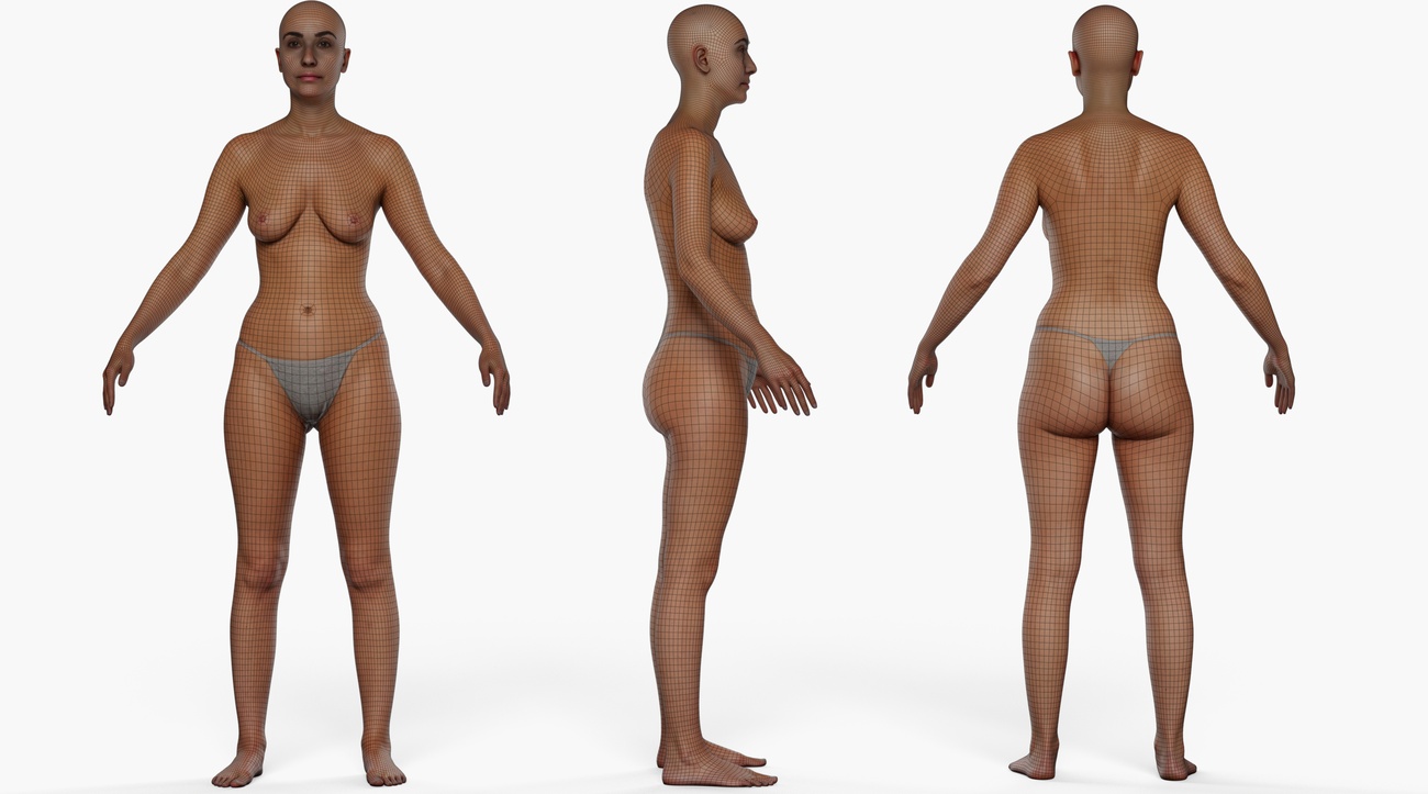 Wireframe topology overlay on a full body female 3D scan showing clean quad geometry and edge loops
